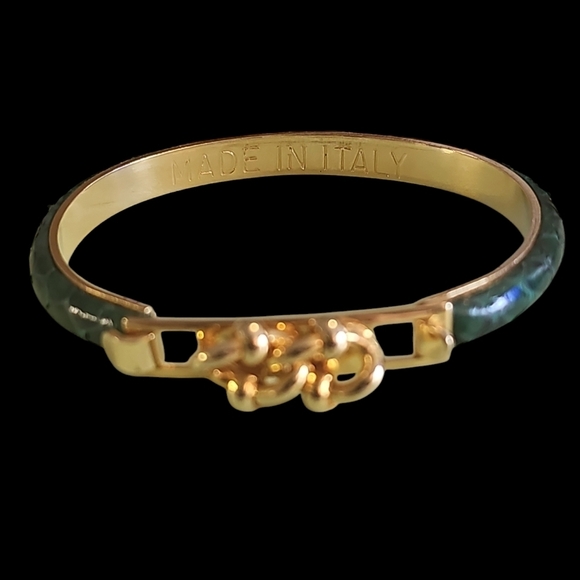 Made In Italy Green Leather Cuff Gold Tone Two Link Chain Bracelet - Picture 8 of 8